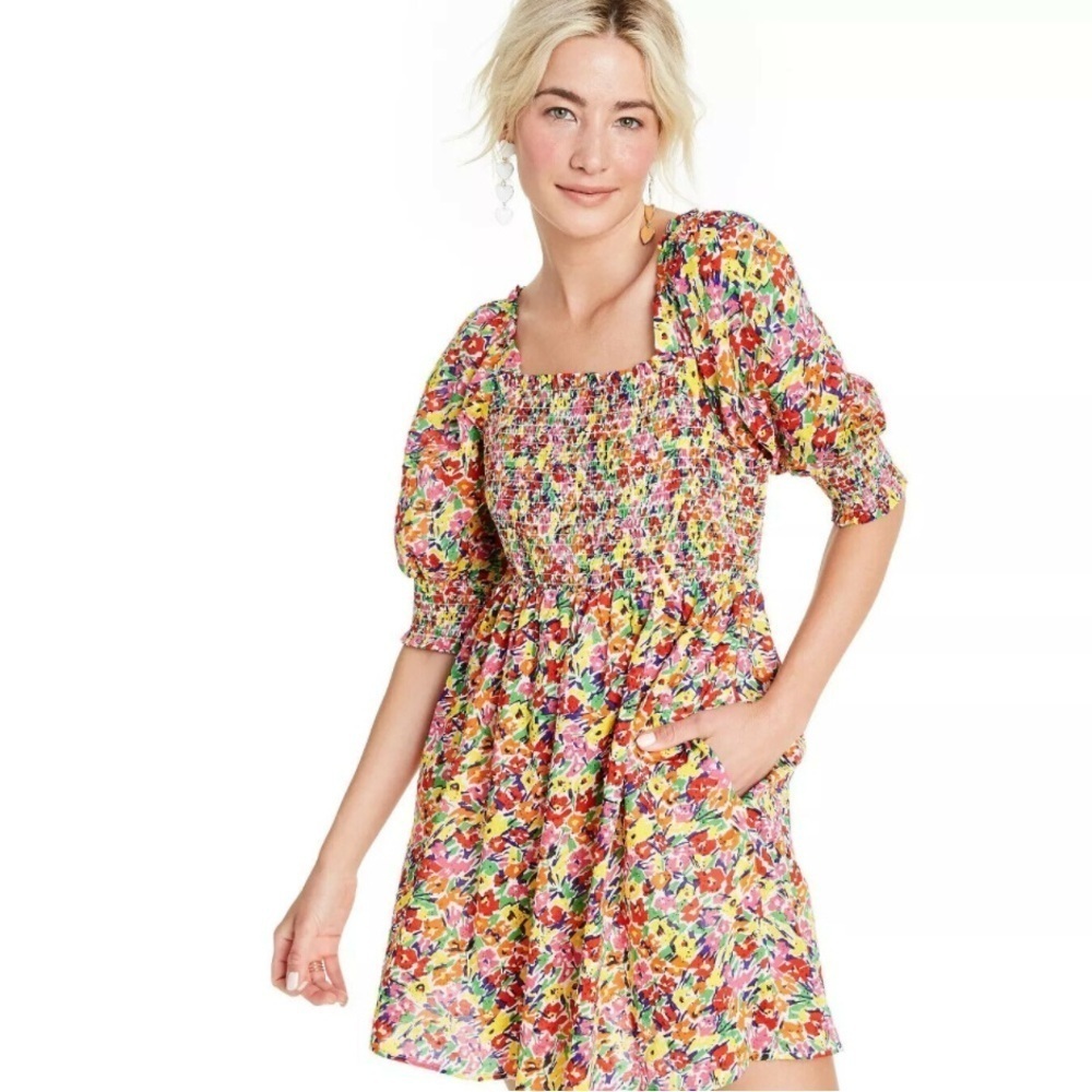 Rixo For Target Puff Sleeve Smocked Mini Dress Rainbow Floral Size XS Milkmaid